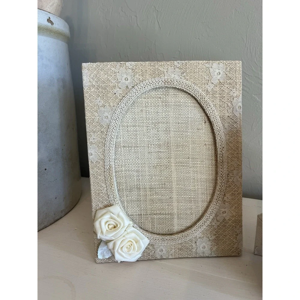 Victorian Shabby Romantic Photo Picture Frame Set Burlap Lace Lenox Porcelain